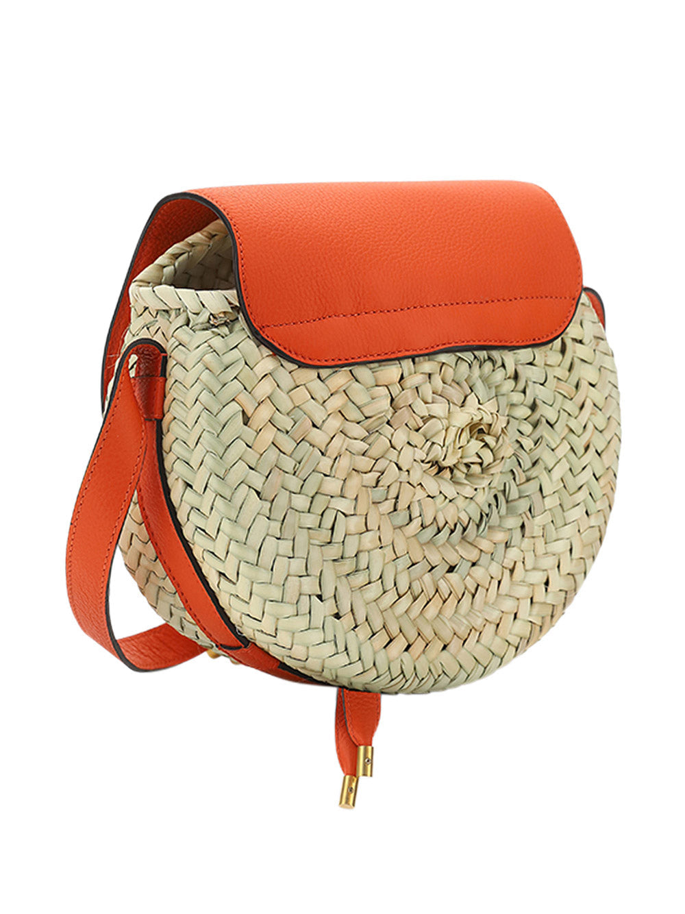Small Marcie Cross-body Basket in Hand-Braided Raffia & Small Grain Calfskin - Rusted Orange