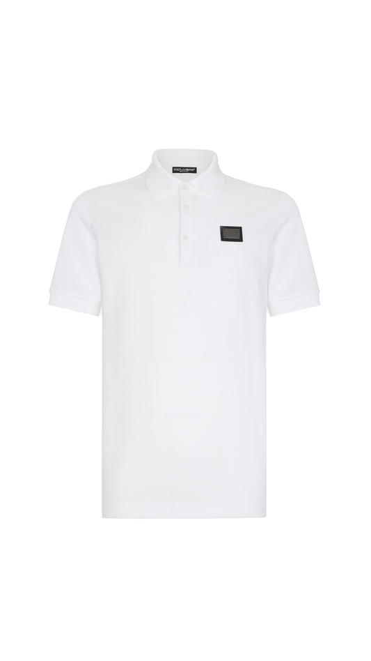 Cotton Piqué Polo-shirt with Branded Tag - White