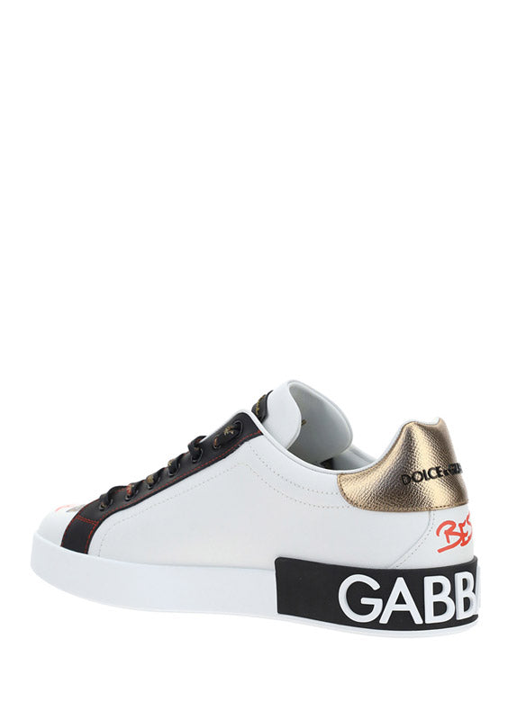 Portofino Sneakers In Printed Nappa Calfskin With Patch - White.