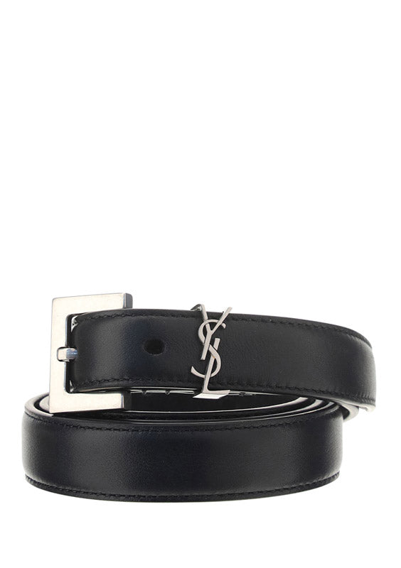 Narrow Leather Belt with a Square Buckle With the YSL Logo - Black.