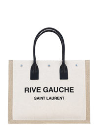 Rive Gauche Small Tote Bag in Linen and Leather - Greige  / Black / Neutral