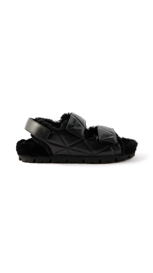 Padded Nappa Leather Sandals with Shearling - Black