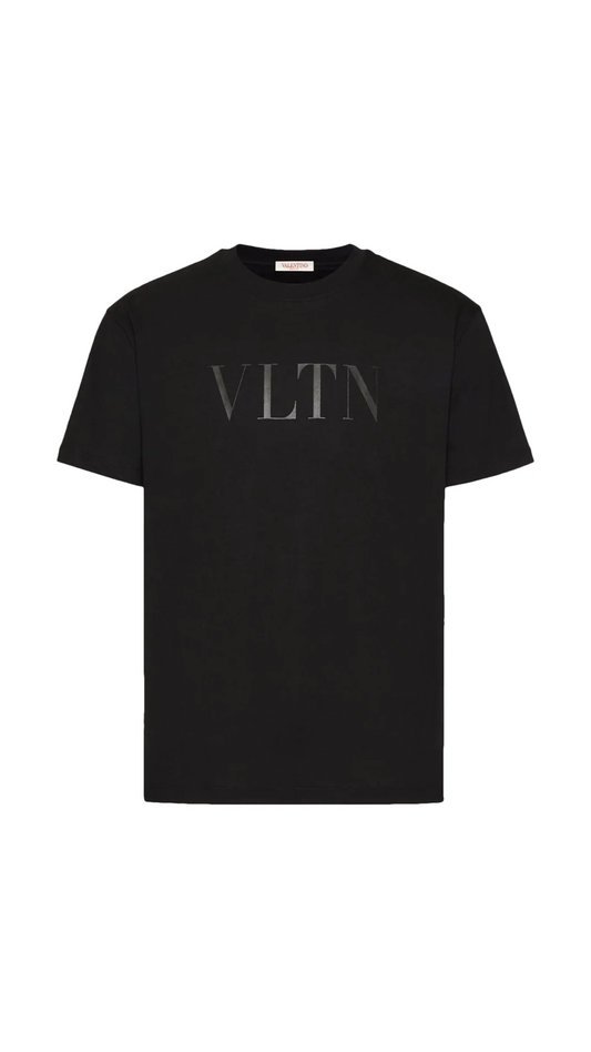 Cotton Crewneck T-shirt with VLTN Print - Black