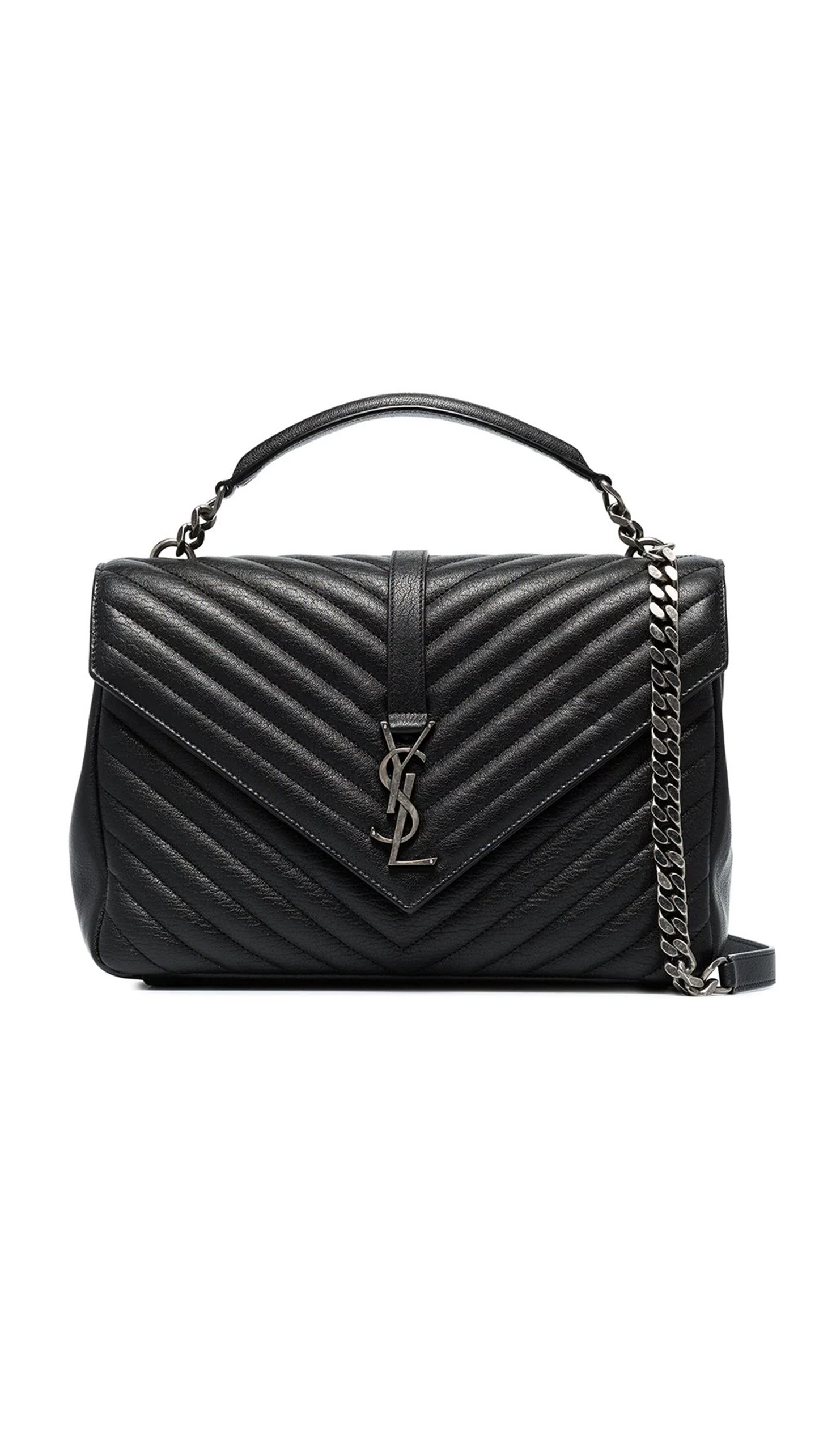 College Large Chain Bag In Quilted Leather - Black / Silver