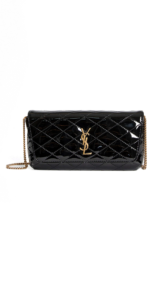 Gabby Chain Phone Holder in Quilted Patent Leather - Black