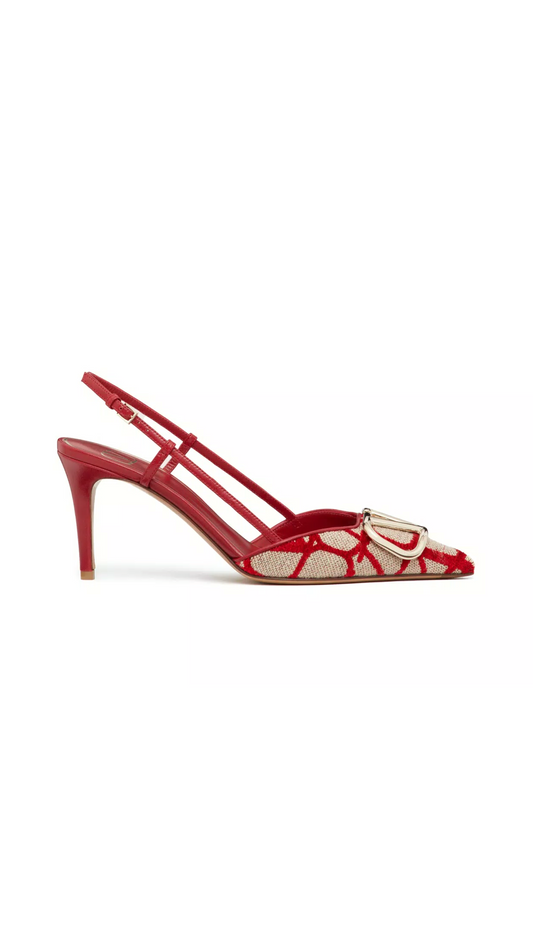 Vlogo Signature Slingback Pumps in Toile Iconographe 80MM - Beige/Red