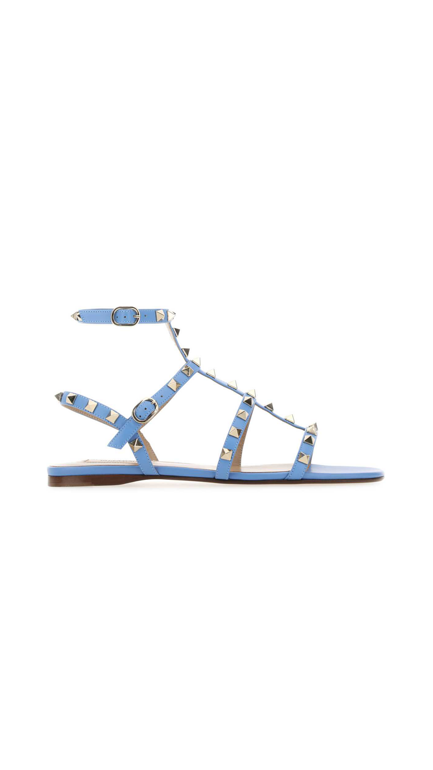 Rockstud Flat calfskin Sandal with Straps - Denim