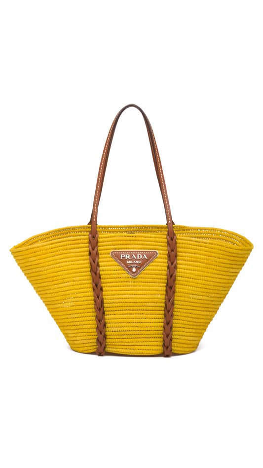 Straw and Leather Shopping Tote - Yellow/Brown