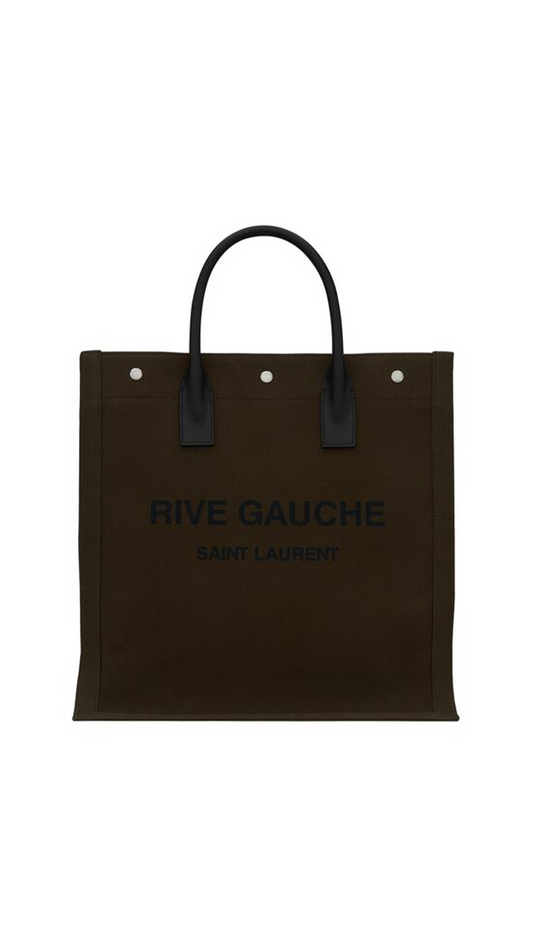 Rive Gauche N/S Tote Bag In Printed Canvas And Leather - Khaki/Black