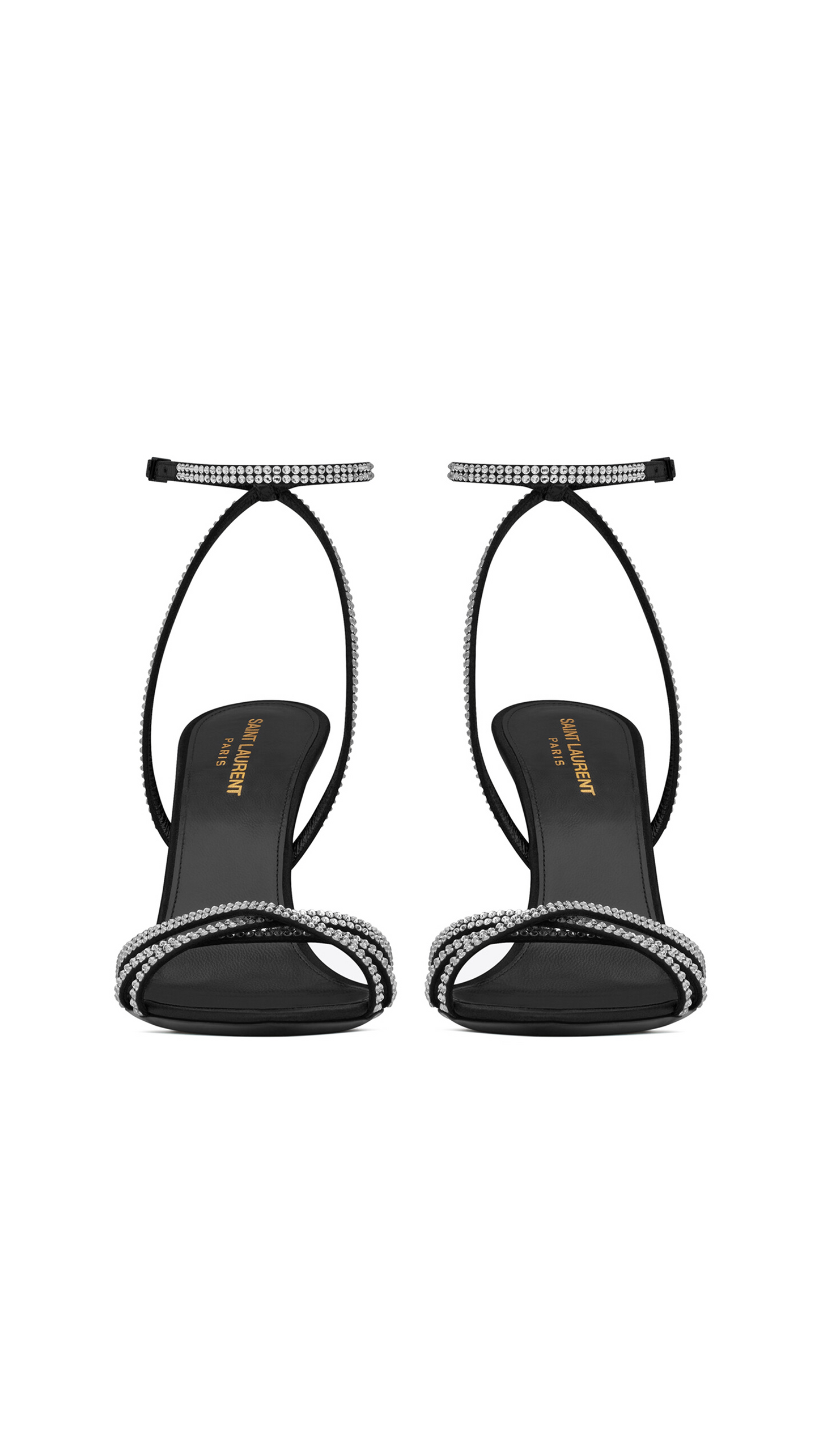 Ava Sandals in Crepe Satin with Rhinestones - Black