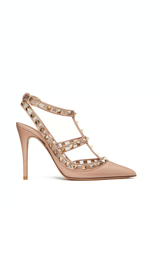 Rockstud Pumps in Patent Leather and Polymer Material with Straps - Rose Cannelle/Transparent