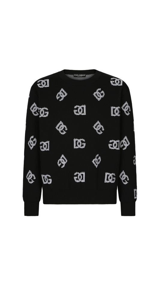 Round-neck Technical Jacquard Sweater with DG Detailing - Black/White