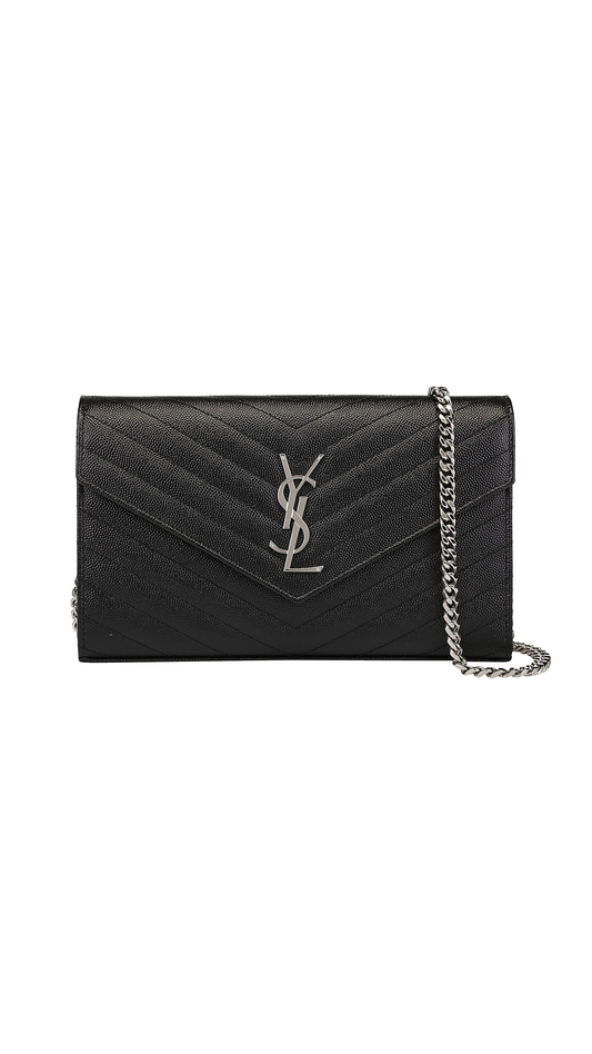 Cassandre Matelassé Chain Wallet in Grain de Poudre Embossed Leather - Black