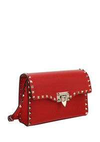 Small Rockstud Grainy Calfskin Crossbody Bag - Red