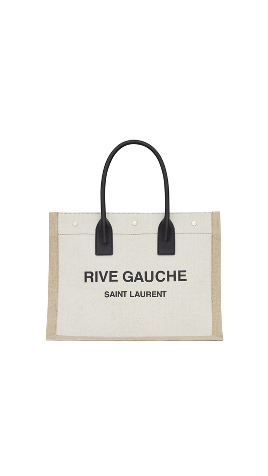 Rive Gauche Small Tote Bag in Linen and Leather - Greig/Black/Naturel