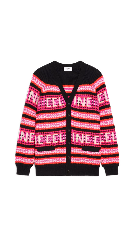 Embroidered Ski Jacquard Wool Cardigan - Black/Pink