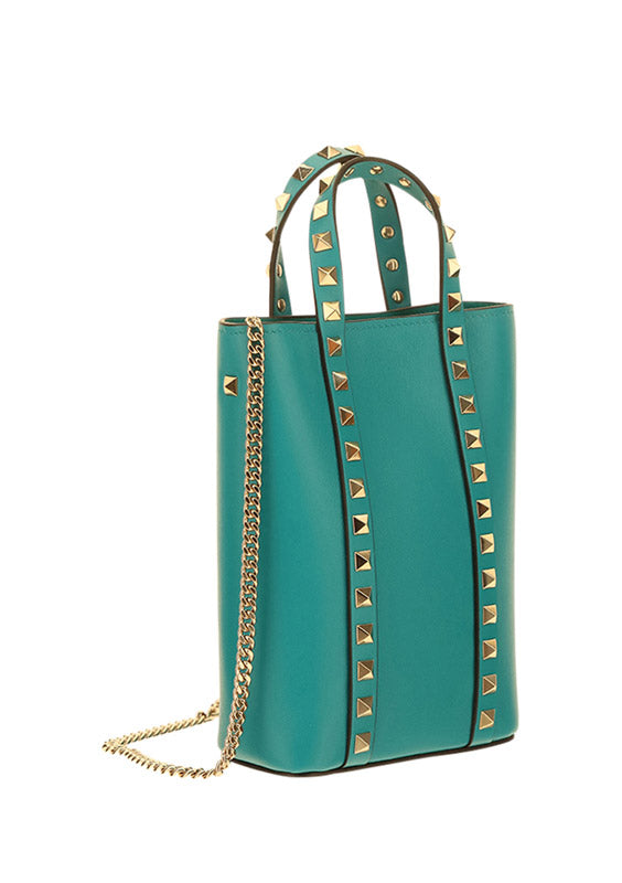 Rockstud Calfskin Leather Pouch With Chain - Marine Green