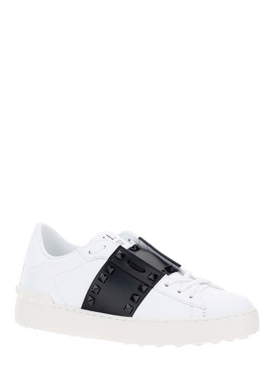 Rockstud Untitled Sneakers in Calfskin Leather with Tonal Stude - White/Black