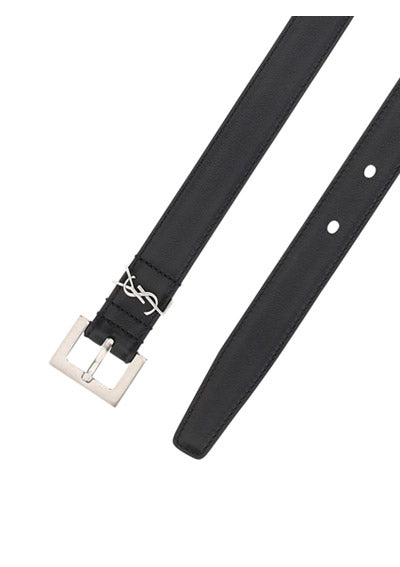 Narrow Leather Belt with a Square Buckle With the YSL Logo - Black.