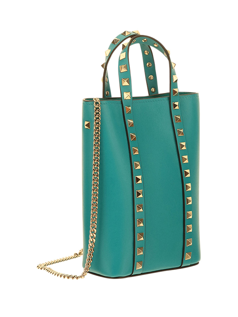Rockstud Calfskin Leather Pouch With Chain - Marine Green