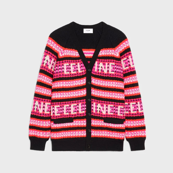 Embroidered Ski Jacquard Wool Cardigan - Black/Pink