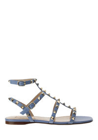 Rockstud Flat Calfskin Sandal with Straps - Azure
