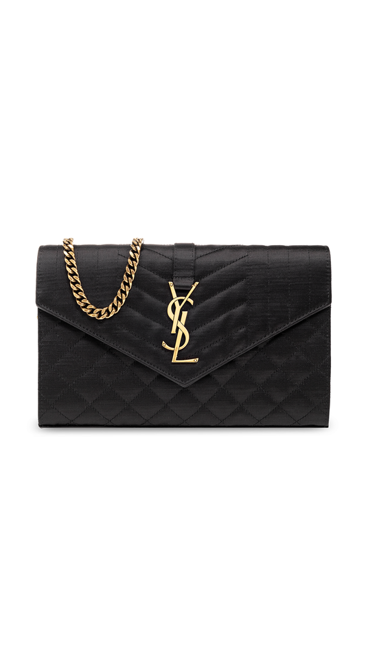 Envelope Chain Wallet in Mix Matelassé Satin - Black