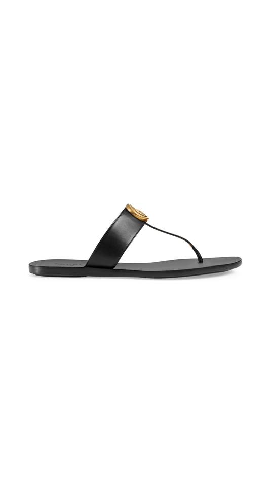 Leather Thong Sandal with Double G - Black