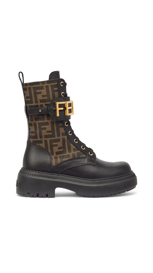 Fendigraphy FF Canvas and Leather Boots - Brown/Black