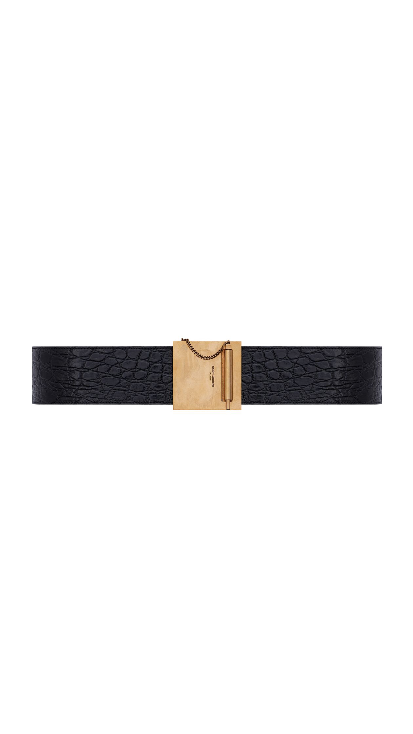 Chaine et Baton Buckle Belt in Crocodile Embossed Leather - Black/Gold