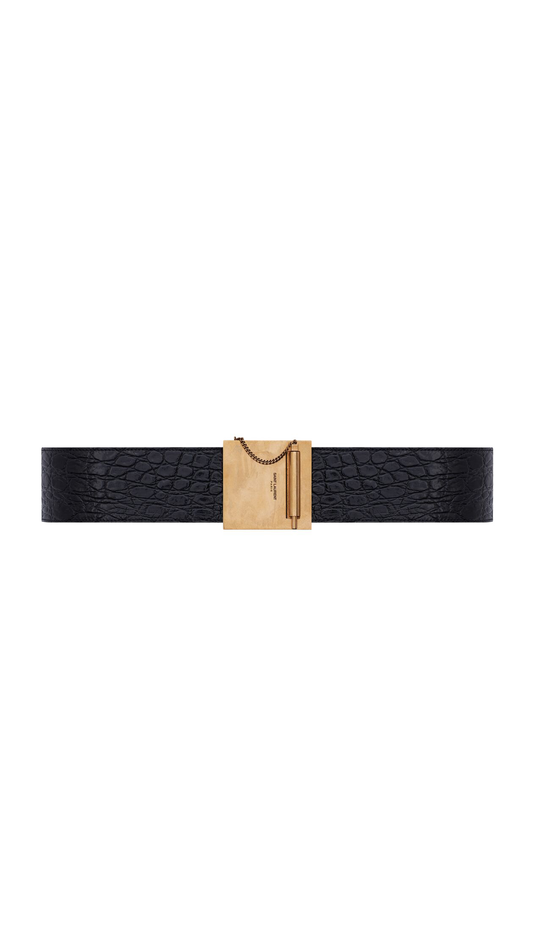 Chaine et Baton Buckle Belt in Crocodile Embossed Leather - Black/Gold