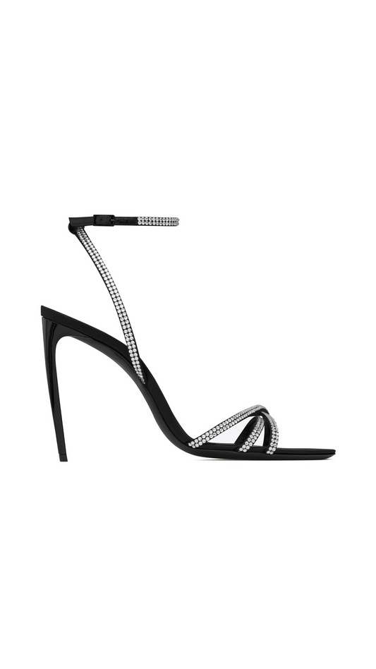 Ava Sandals in Crepe Satin with Rhinestones - Black