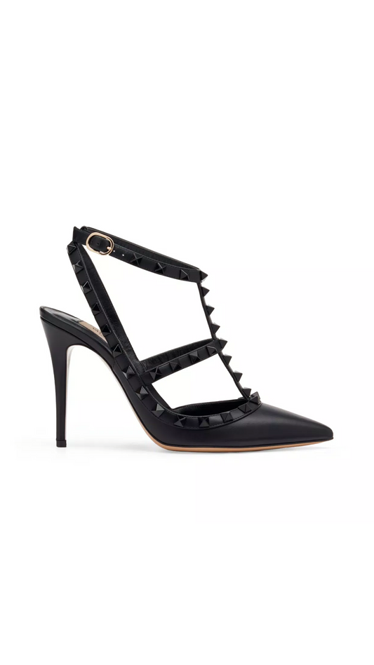 Rockstud Ankle Strap Pump with Tonal Studs 100MM - Black
