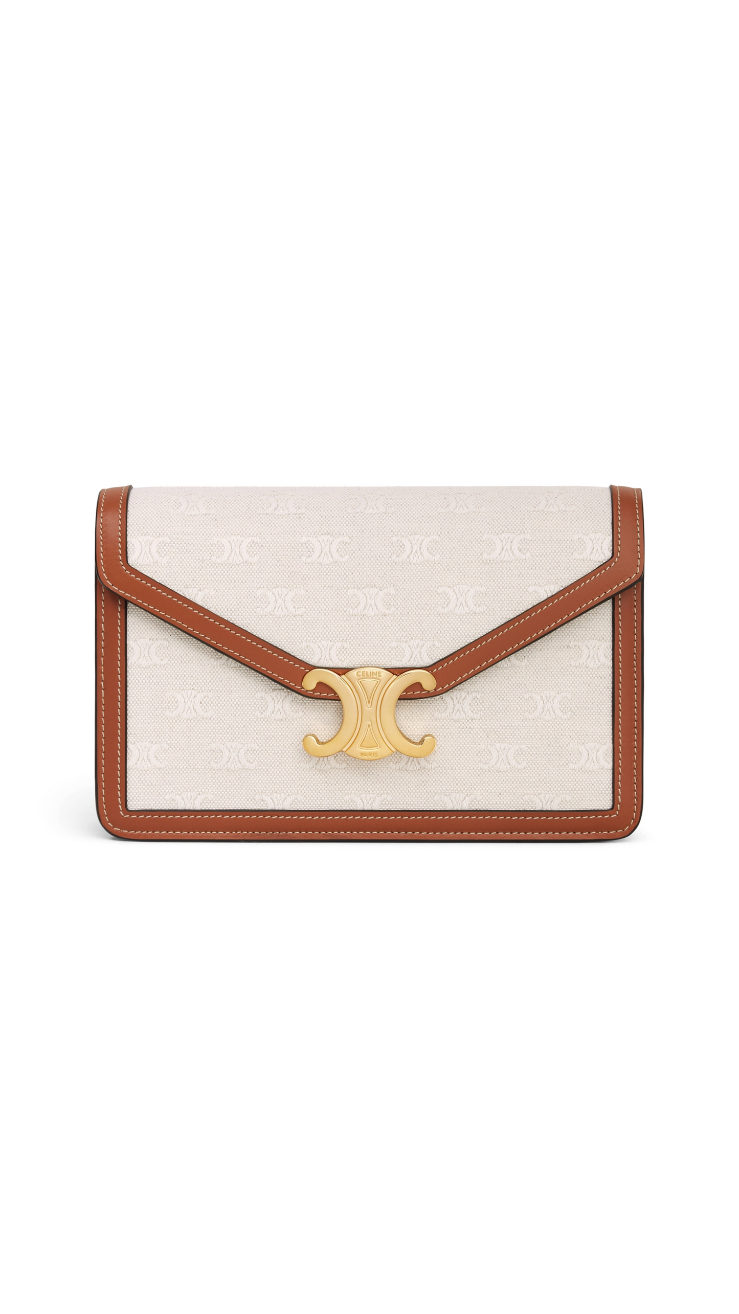 Wallet on Chain Triomphe in Textile and Calfskin - Natural/Tan