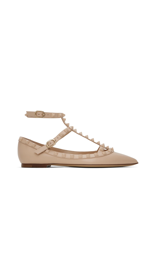 Rockstud Ballet Flat With Straps and Tonal Studs - Poudre