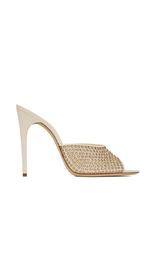 Blonde Mules in Rhinestone Mesh - Nude and Crystal