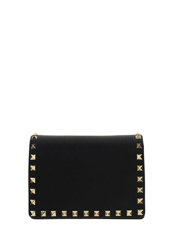 Rockstud Grainy Calfskin Chain Pouch - Black.