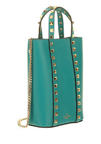 Rockstud Calfskin Leather Pouch With Chain - Marine Green