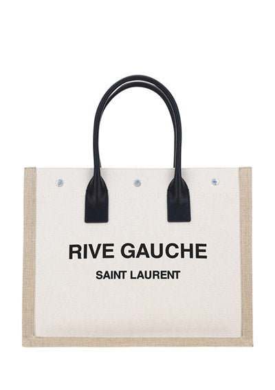 Rive Gauche Small Tote Bag in Linen and Leather - Greige  / Black / Neutral