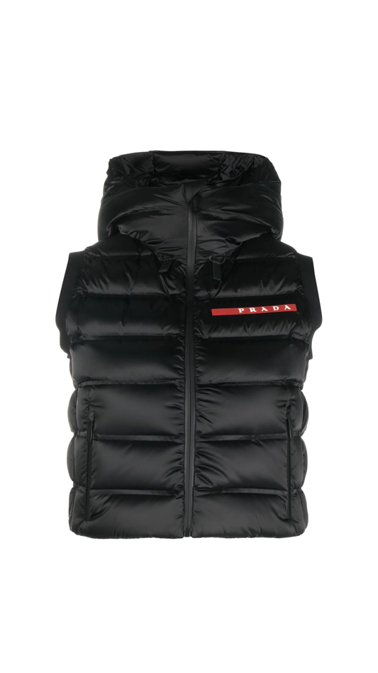 Logo-Plaque Down Gillet with Hood - Black