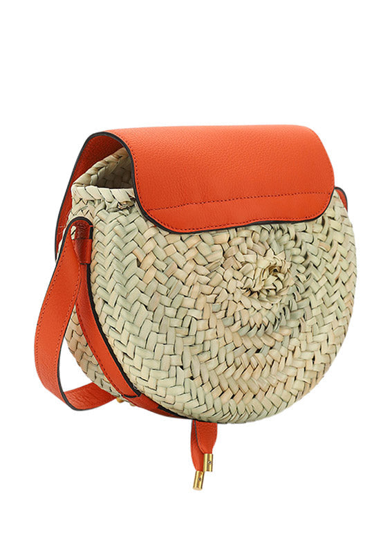 Small Marcie Cross-body Basket in Hand-Braided Raffia & Small Grain Calfskin - Rusted Orange
