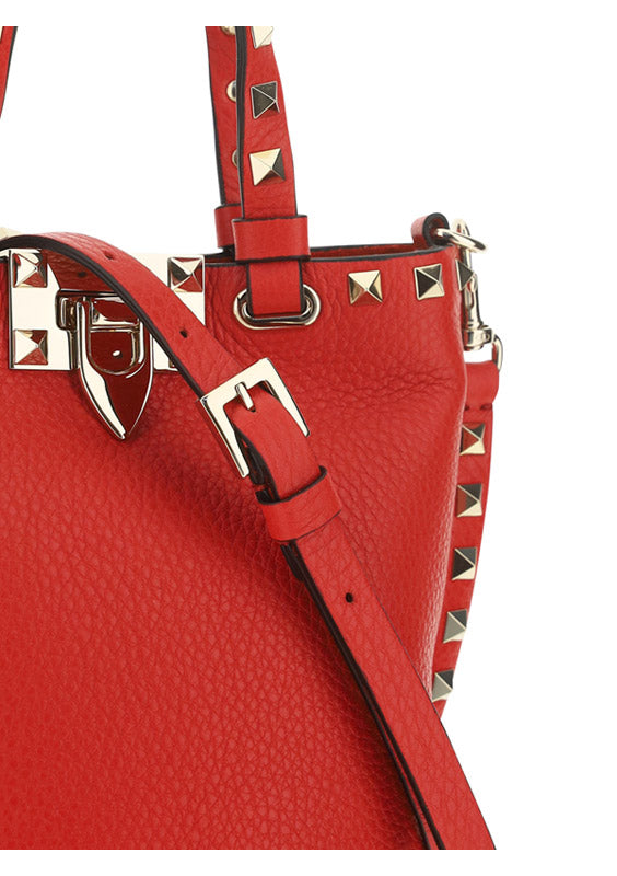 Rockstud Grainy Calfskin Small Tote - Red