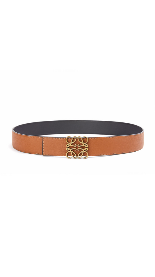Reversible Anagram Belt in Soft Grained Calfskin and Smooth Calfskin - Tan/Black/Old Gold