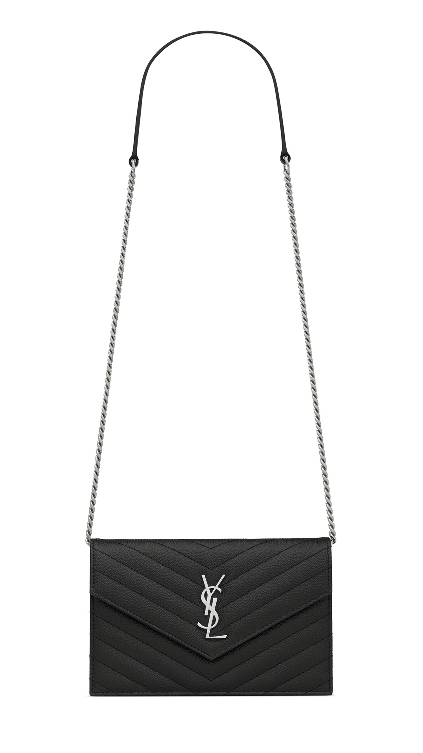 Cassandre Matelassé Envelope Chain Wallet in Gain de Poudre Embossed Leather - Black