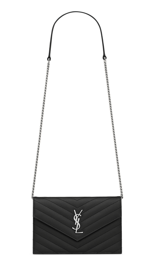 Cassandre Matelassé Envelope Chain Wallet in Gain de Poudre Embossed Leather - Black