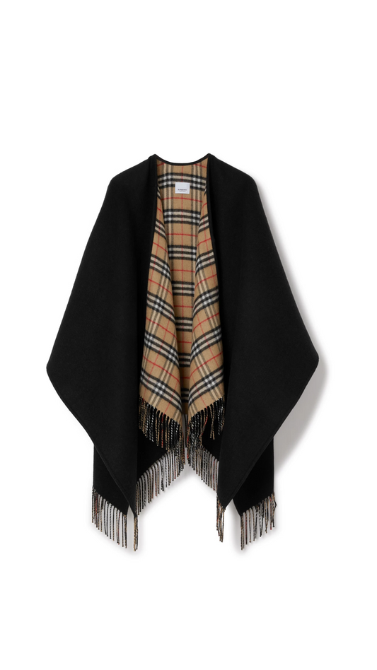 Reversible Check Wool Cape - Black