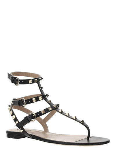 Rockstud Calfskin Flat Flip-Flop Sandal - Black