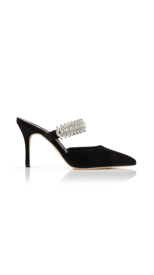 Lutara Velvet Crystal Embellished Mules - Black