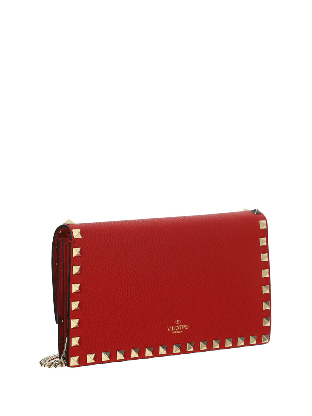 Rockstud Grainy Calfskin Chain Pouch - Red