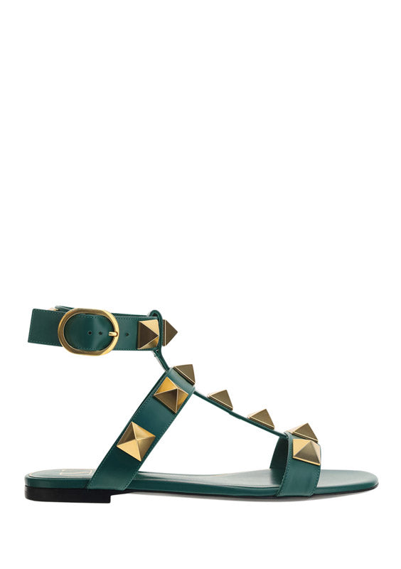 Roman Stud Flat Calfskin Sandal - Green